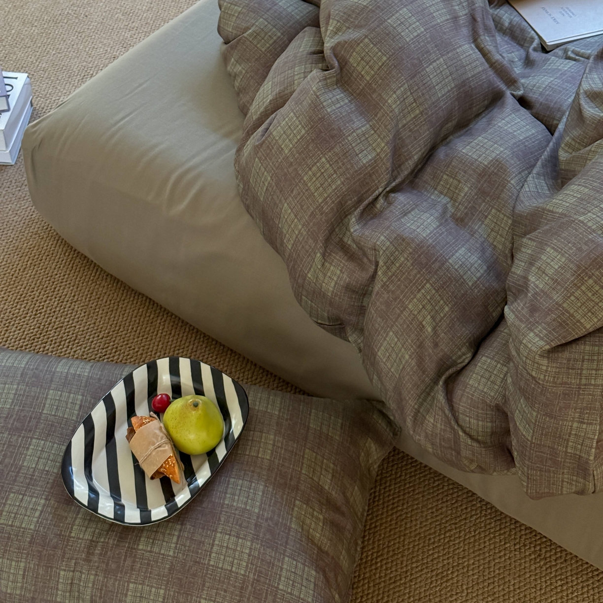 91家纺网 家纺一手货源 找家纺 窝米 2025新品全棉纯棉双层纱简约条格四件套系列第一组 致在-绿