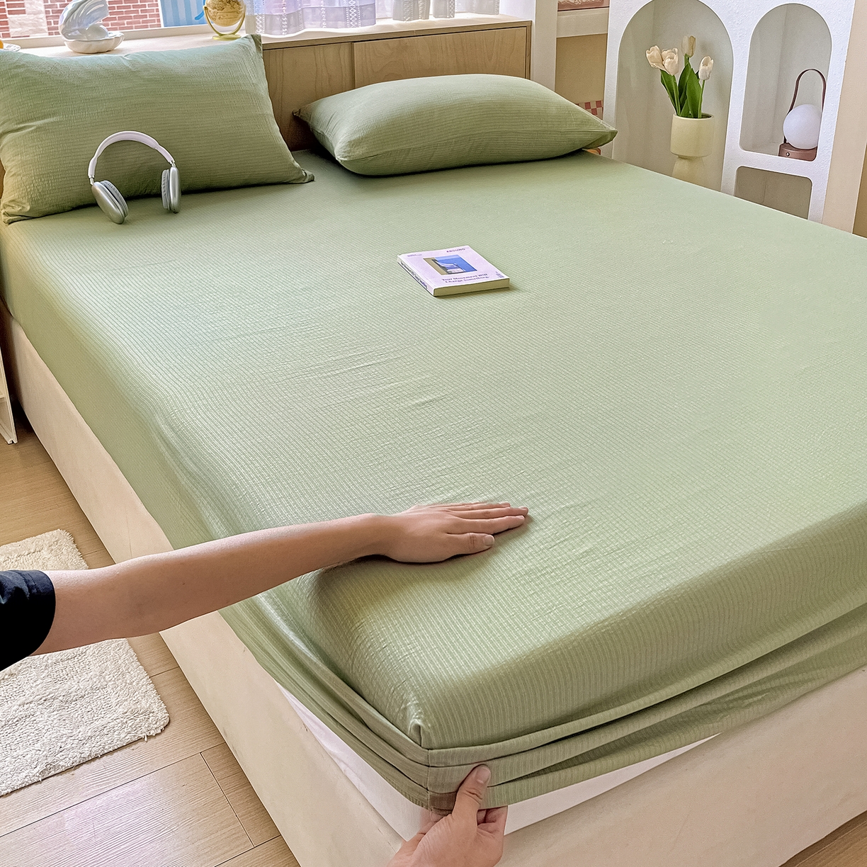 91家纺网 家纺一手货源 找家纺 卡迪熊家纺 2025新款超柔云感双层纱床笠 双层纱-翠绿