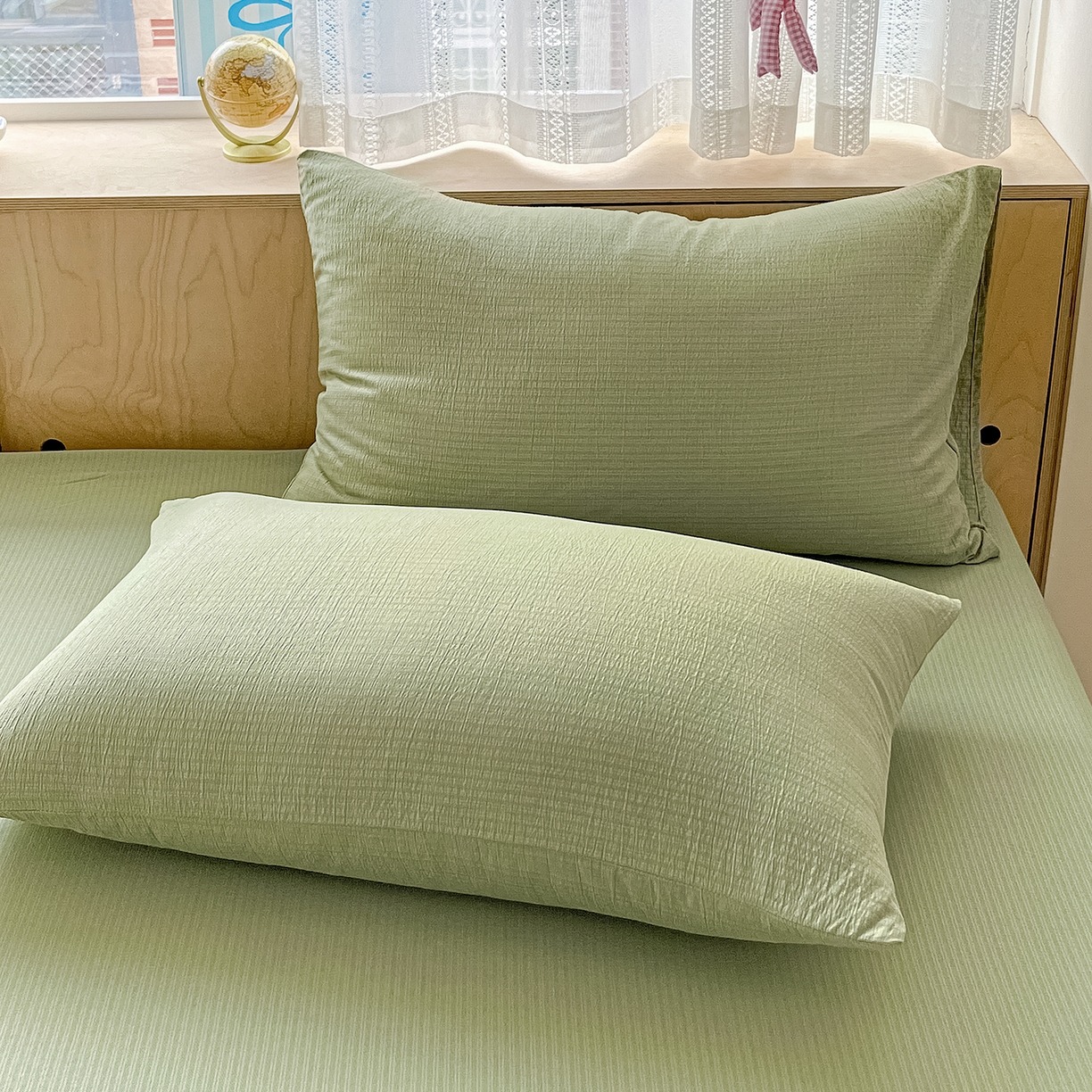 91家纺网 家纺一手货源 找家纺 卡迪熊家纺 2025新款超柔云感双层纱床笠 双层纱-翠绿