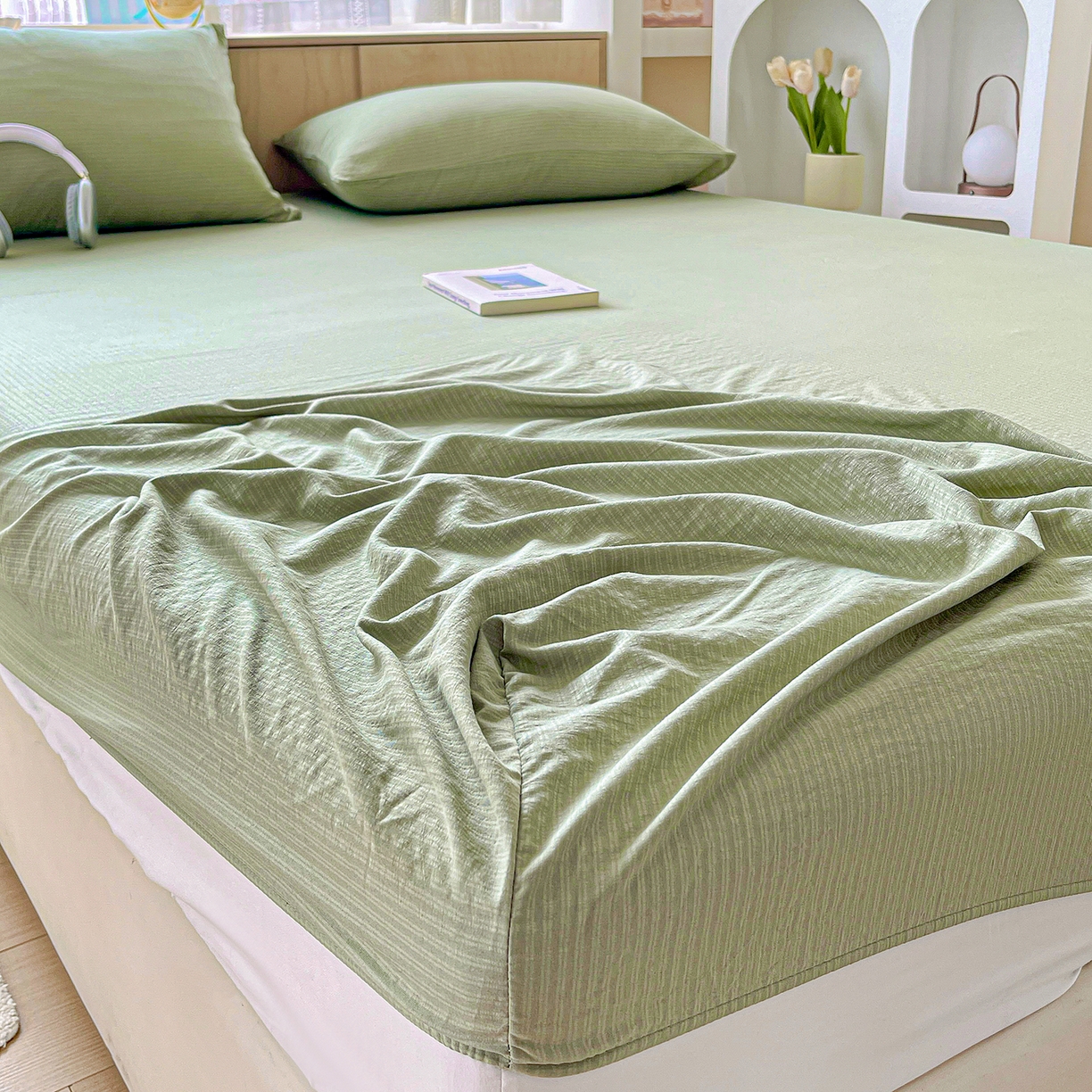 91家纺网 家纺一手货源 找家纺 卡迪熊家纺 2025新款超柔云感双层纱床笠 双层纱-翠绿