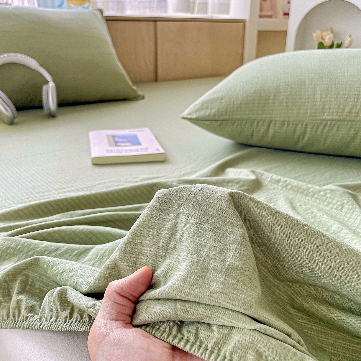 91家纺网 家纺一手货源 找家纺 卡迪熊家纺 2025新款超柔云感双层纱床笠 双层纱-翠绿