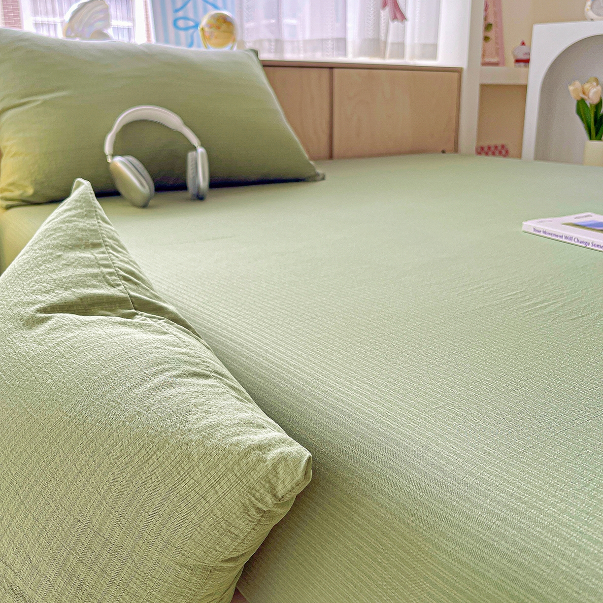 91家纺网 家纺一手货源 找家纺 卡迪熊家纺 2025新款超柔云感双层纱床笠 双层纱-翠绿