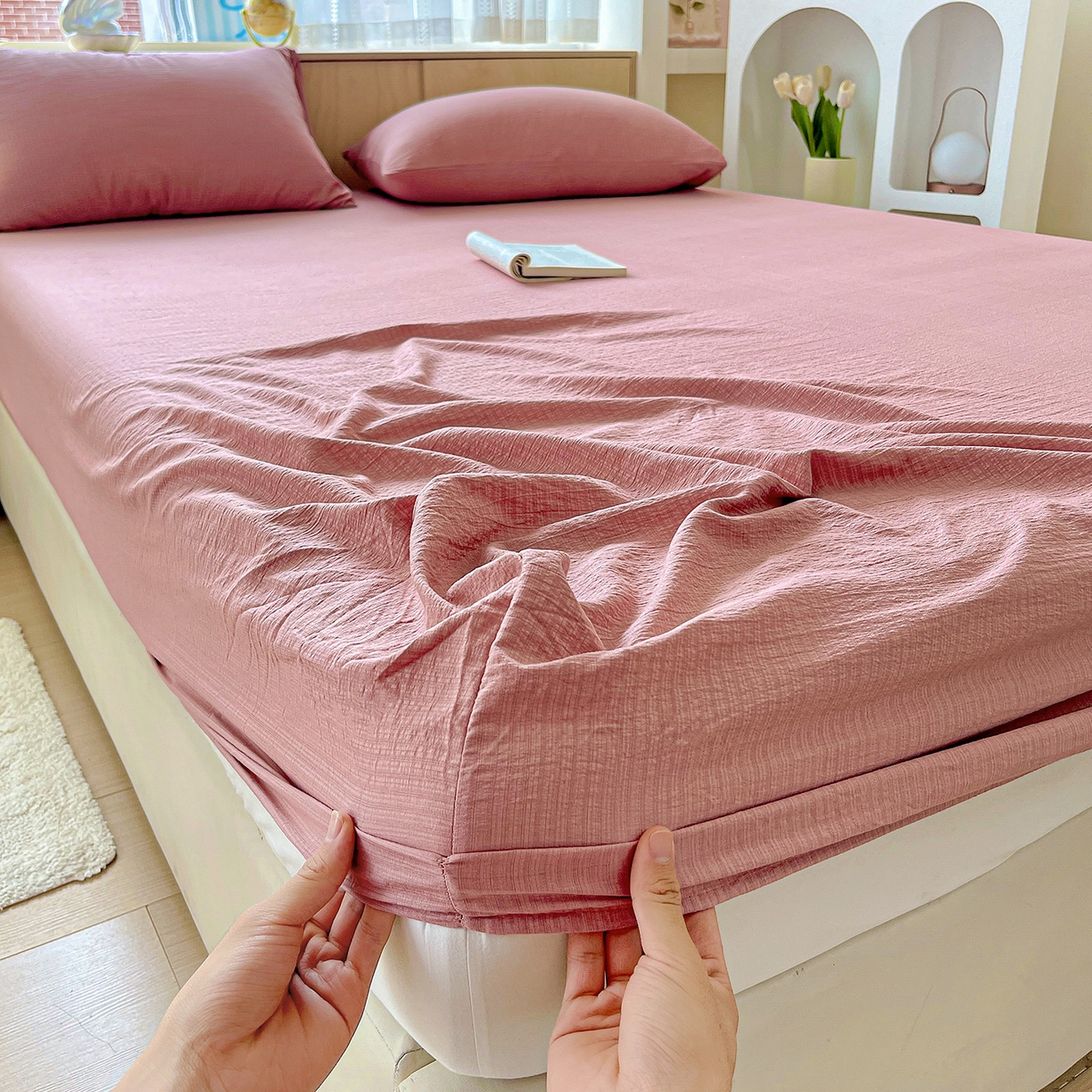 91家纺网 家纺一手货源 找家纺 卡迪熊家纺 2025新款超柔云感双层纱床笠 双层纱-豆沙