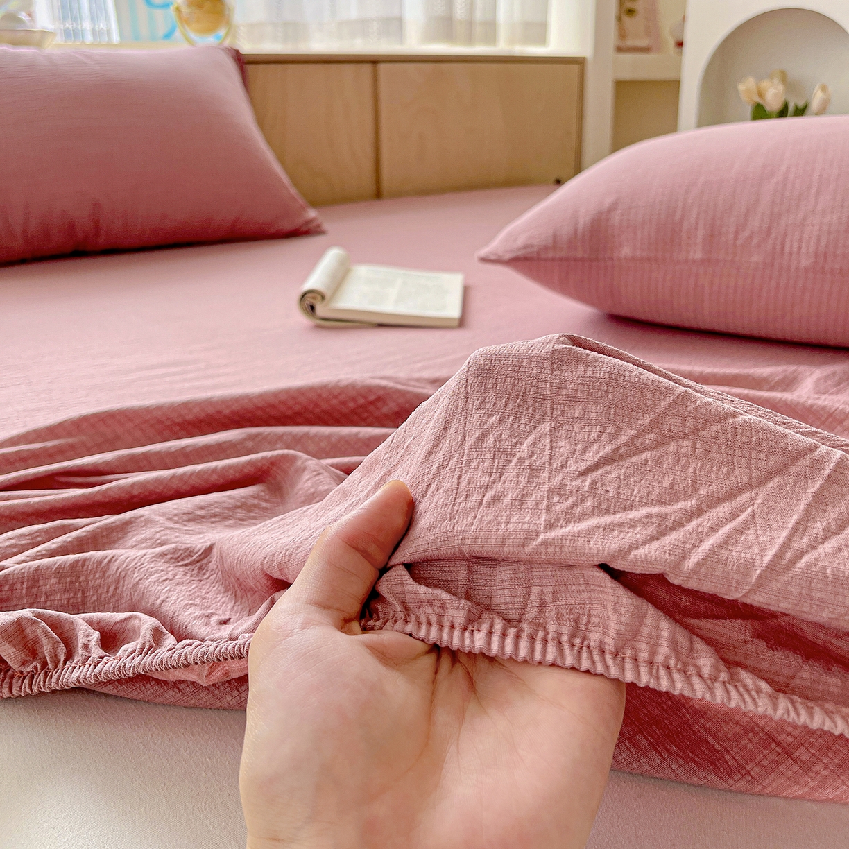 91家纺网 家纺一手货源 找家纺 卡迪熊家纺 2025新款超柔云感双层纱床笠 双层纱-豆沙