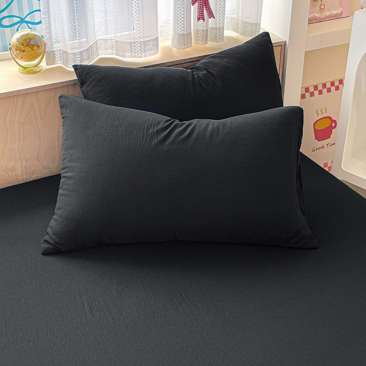 91家纺网 家纺一手货源 找家纺 卡迪熊家纺 2025新款超柔云感双层纱床笠 双层纱-黑色