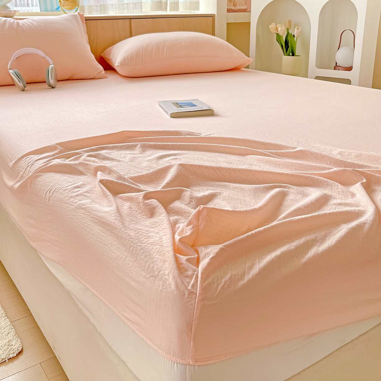 91家纺网 家纺一手货源 找家纺 卡迪熊家纺 2025新款超柔云感双层纱床笠 双层纱-浅粉