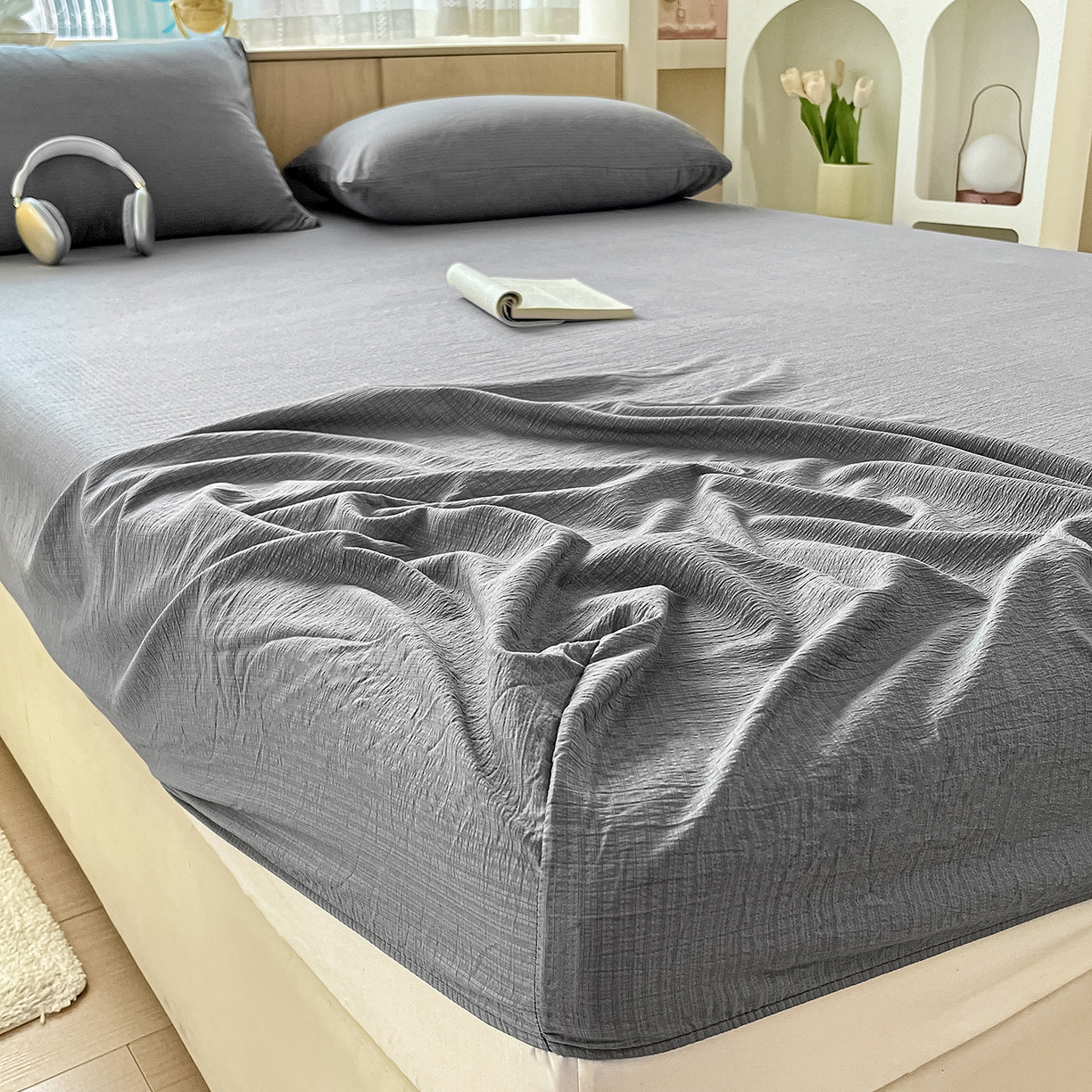 91家纺网 家纺一手货源 找家纺 卡迪熊家纺 2025新款超柔云感双层纱床笠 双层纱-浅灰