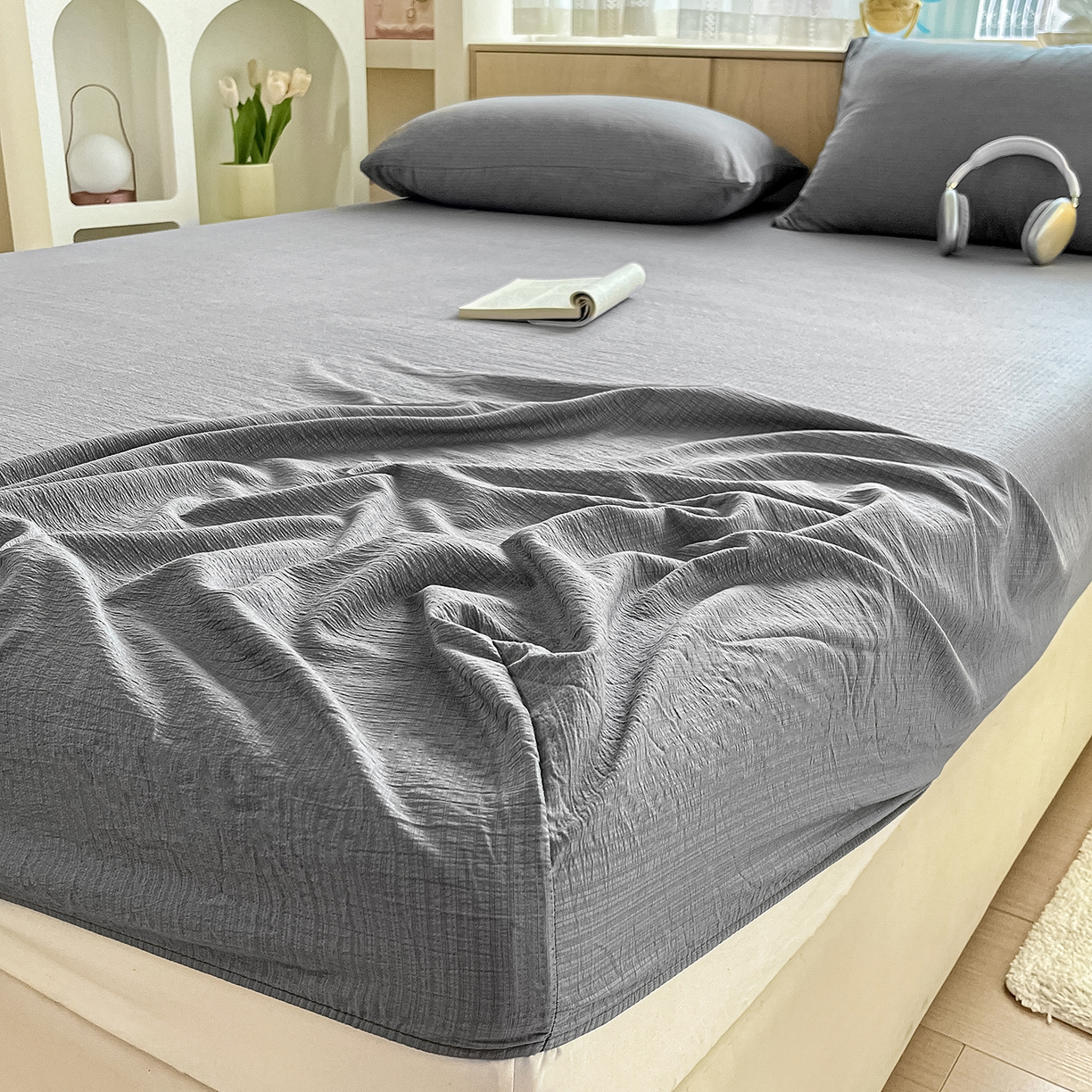 91家纺网 家纺一手货源 找家纺 卡迪熊家纺 2025新款超柔云感双层纱床笠 双层纱-浅灰