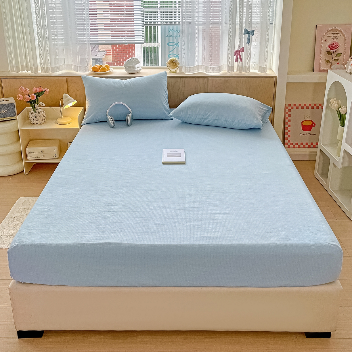 91家纺网 家纺一手货源 找家纺 卡迪熊家纺 2025新款超柔云感双层纱床笠 双层纱-浅蓝