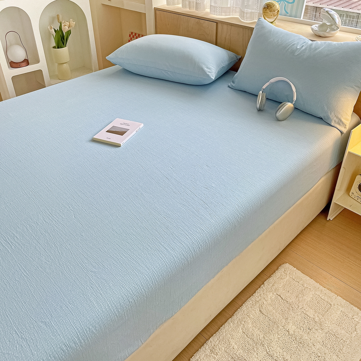 91家纺网 家纺一手货源 找家纺 卡迪熊家纺 2025新款超柔云感双层纱床笠 双层纱-浅蓝