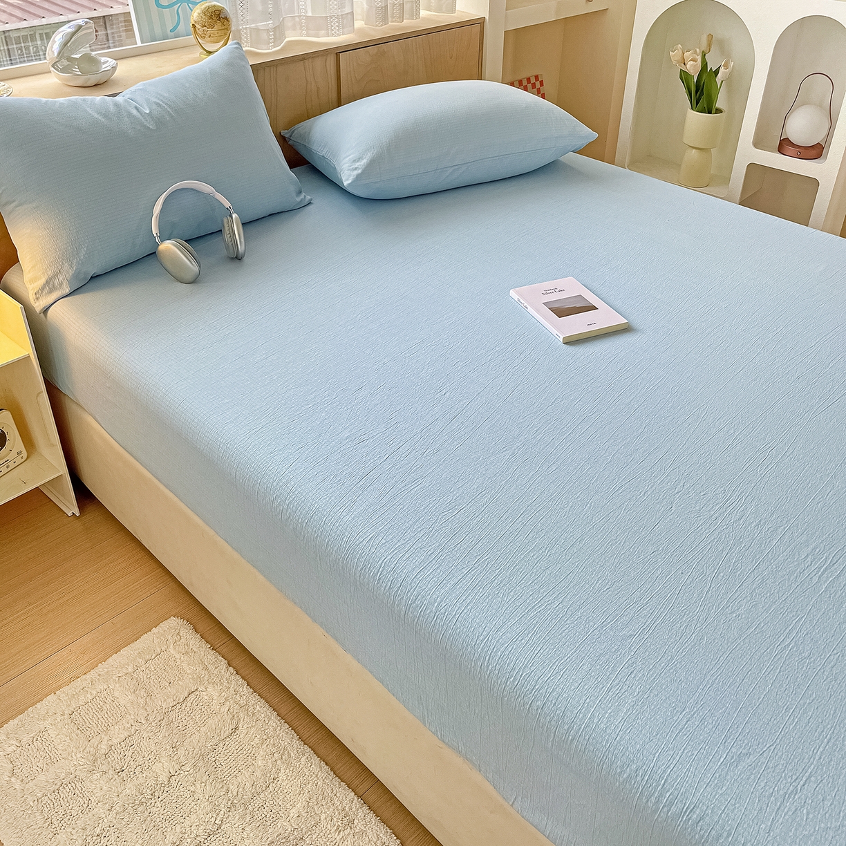 91家纺网 家纺一手货源 找家纺 卡迪熊家纺 2025新款超柔云感双层纱床笠 双层纱-浅蓝