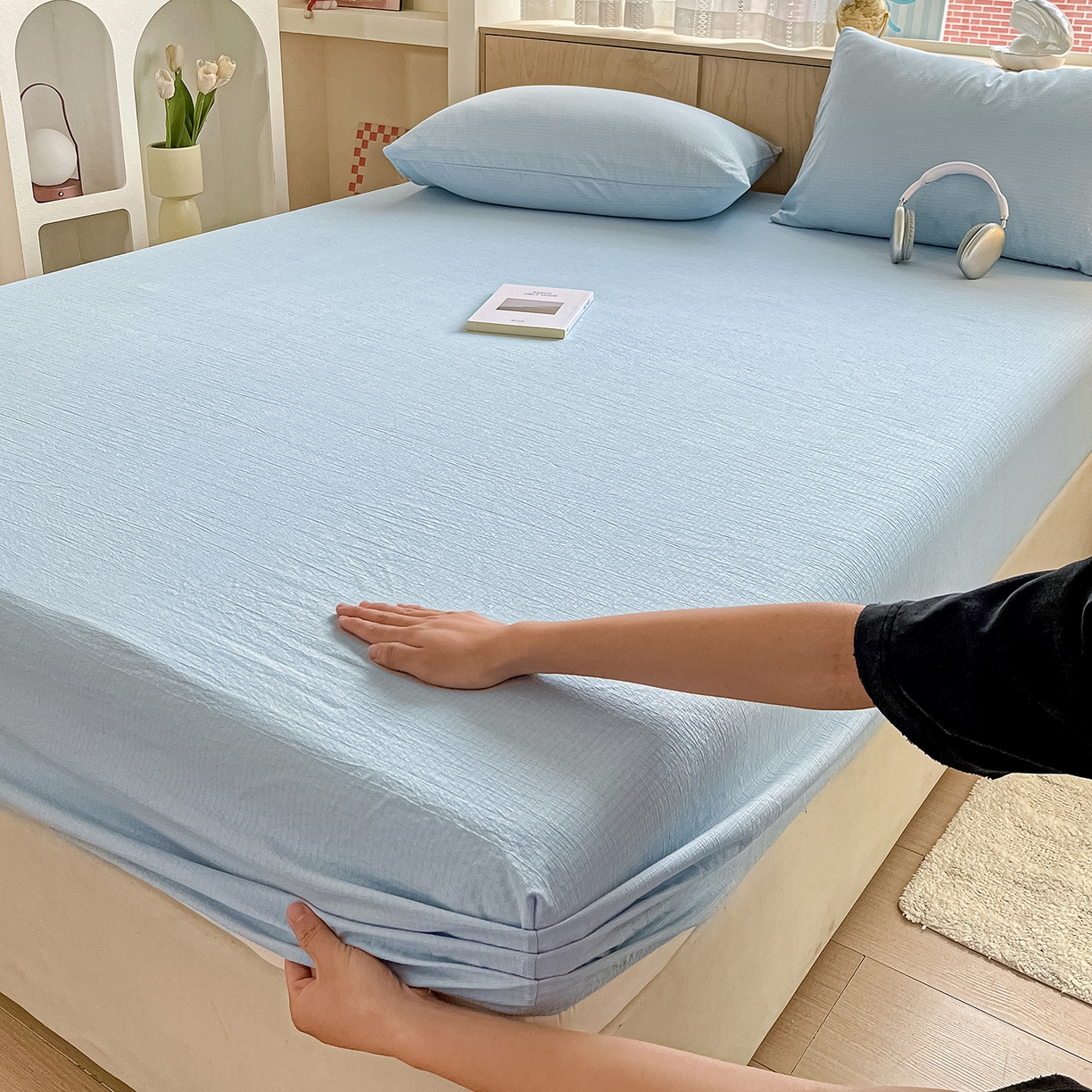 91家纺网 家纺一手货源 找家纺 卡迪熊家纺 2025新款超柔云感双层纱床笠 双层纱-浅蓝