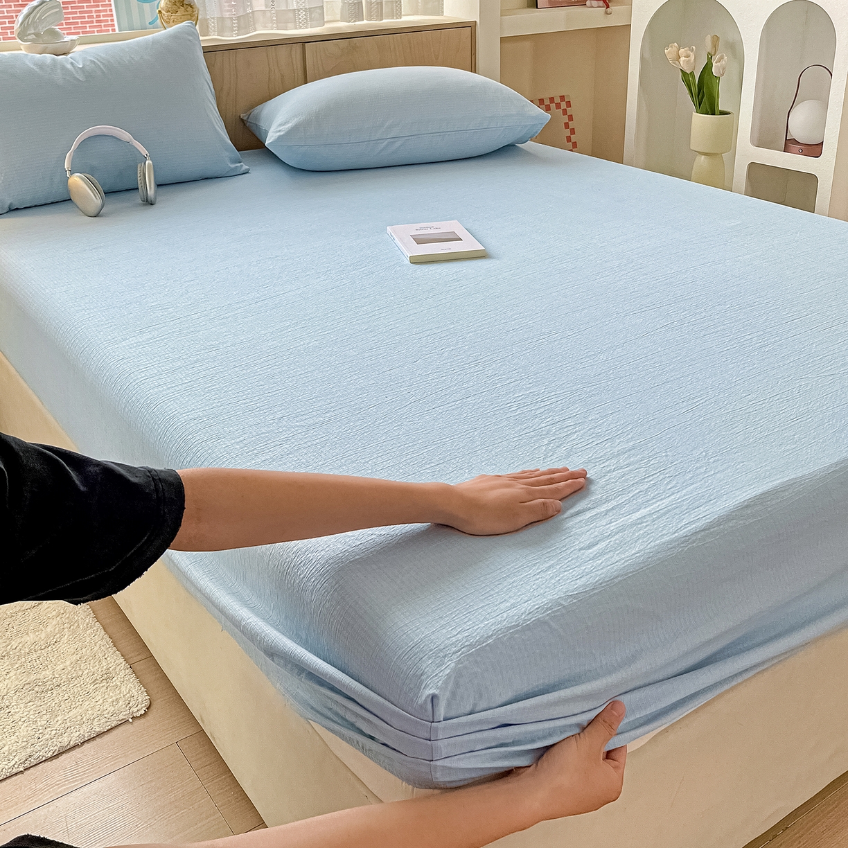 91家纺网 家纺一手货源 找家纺 卡迪熊家纺 2025新款超柔云感双层纱床笠 双层纱-浅蓝