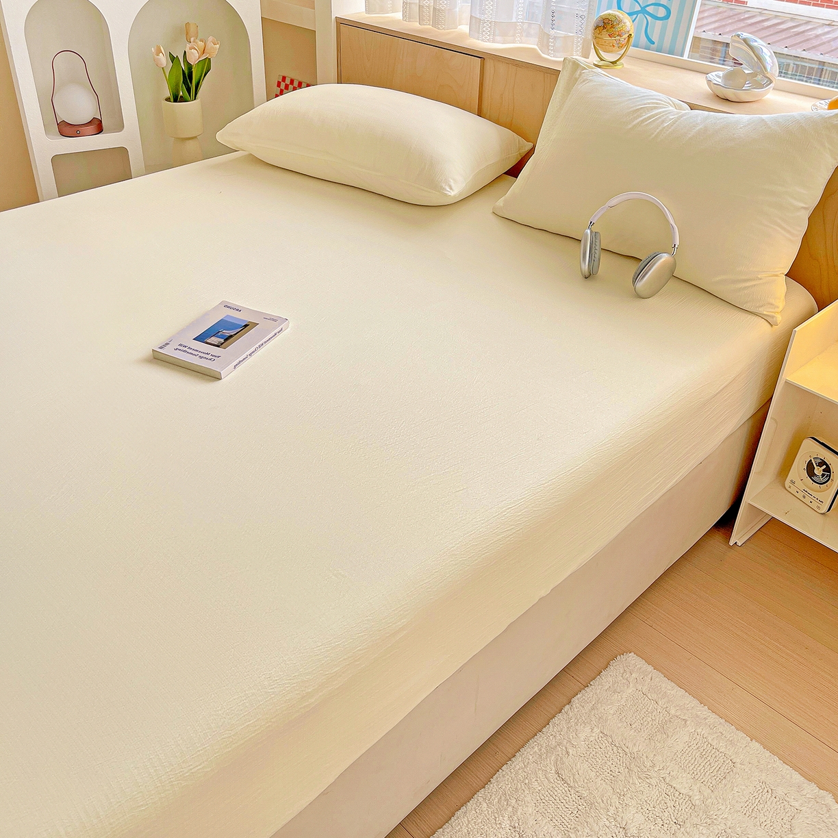 91家纺网 家纺一手货源 找家纺 卡迪熊家纺 2025新款超柔云感双层纱床笠 双层纱-乳白