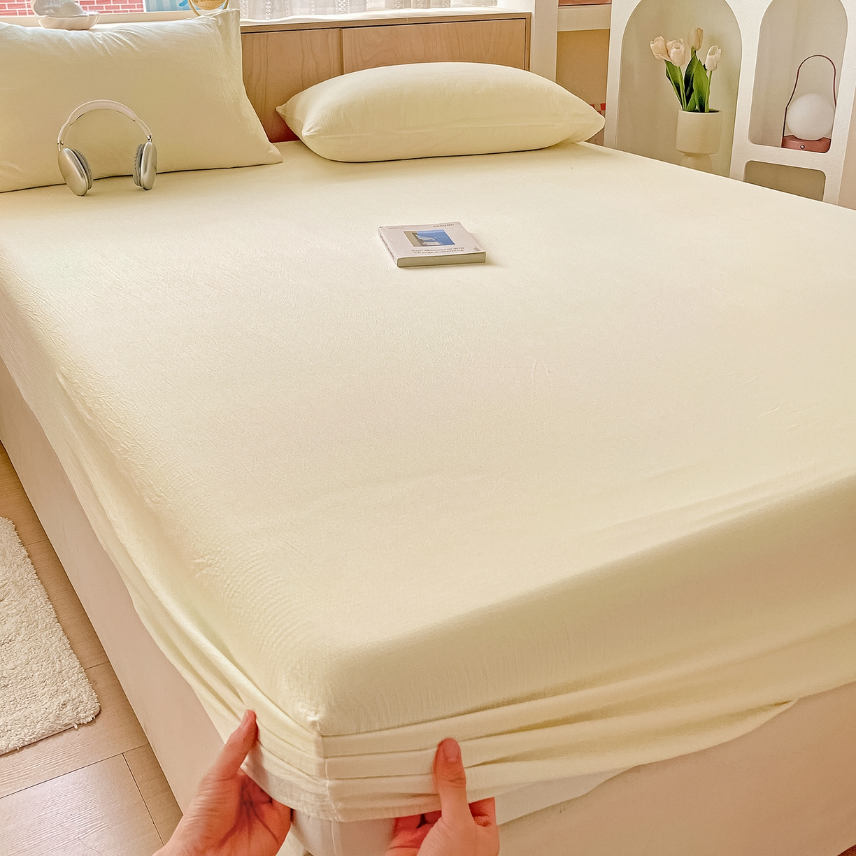 91家纺网 家纺一手货源 找家纺 卡迪熊家纺 2025新款超柔云感双层纱床笠 双层纱-乳白