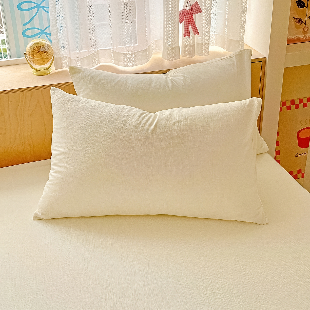 91家纺网 家纺一手货源 找家纺 卡迪熊家纺 2025新款超柔云感双层纱床笠 双层纱-乳白