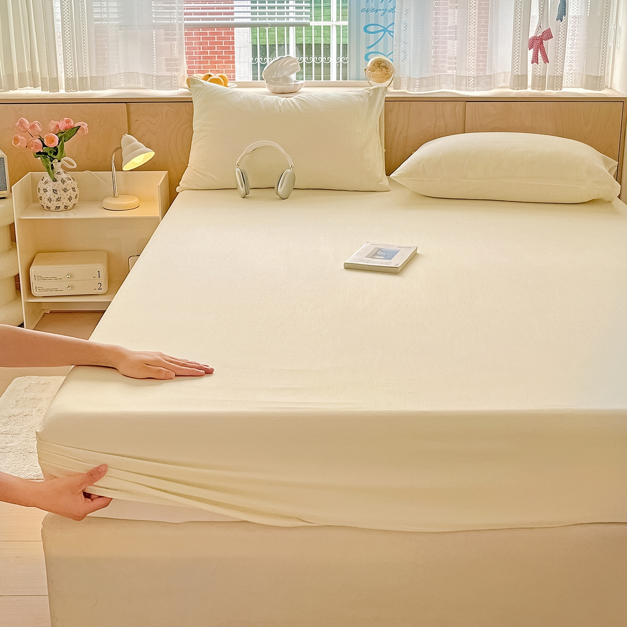 91家纺网 家纺一手货源 找家纺 卡迪熊家纺 2025新款超柔云感双层纱床笠 双层纱-乳白