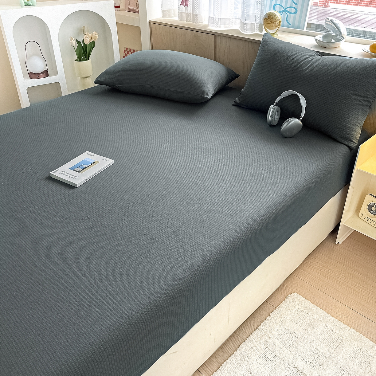 91家纺网 家纺一手货源 找家纺 卡迪熊家纺 2025新款超柔云感双层纱床笠 双层纱-深灰