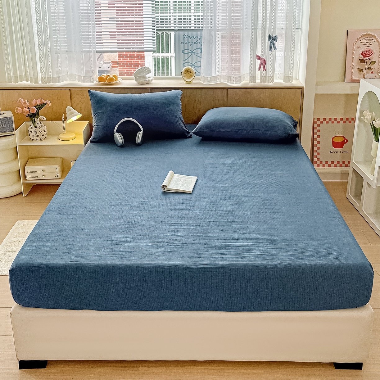 91家纺网 家纺一手货源 找家纺 卡迪熊家纺 2025新款超柔云感双层纱床笠 双层纱-深蓝