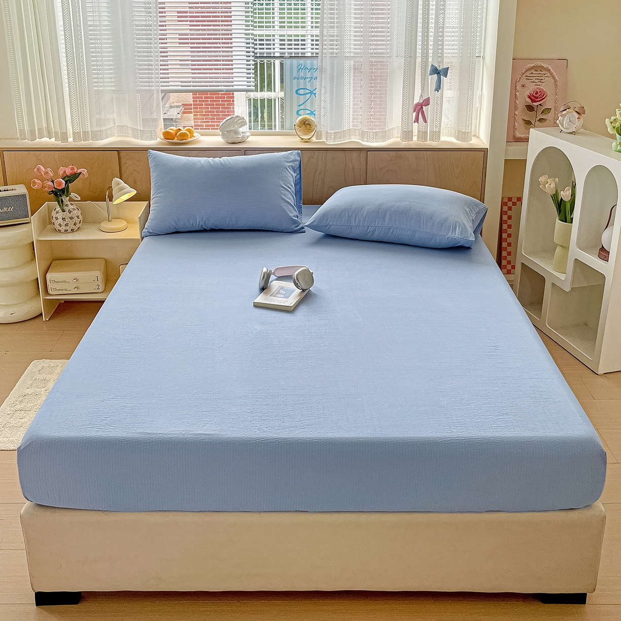 91家纺网 家纺一手货源 找家纺 卡迪熊家纺 2025新款超柔云感双层纱床笠 双层纱-天蓝