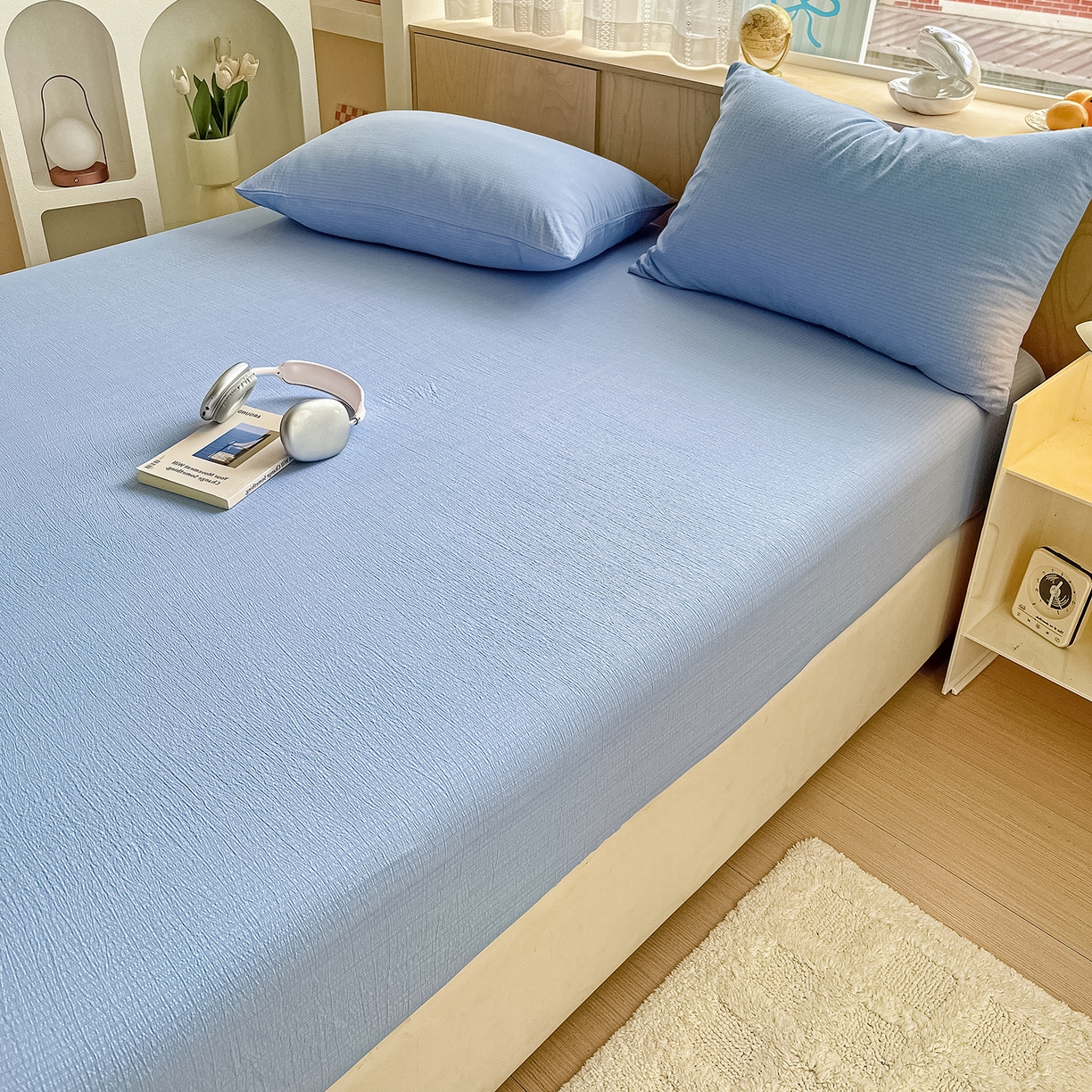 91家纺网 家纺一手货源 找家纺 卡迪熊家纺 2025新款超柔云感双层纱床笠 双层纱-天蓝