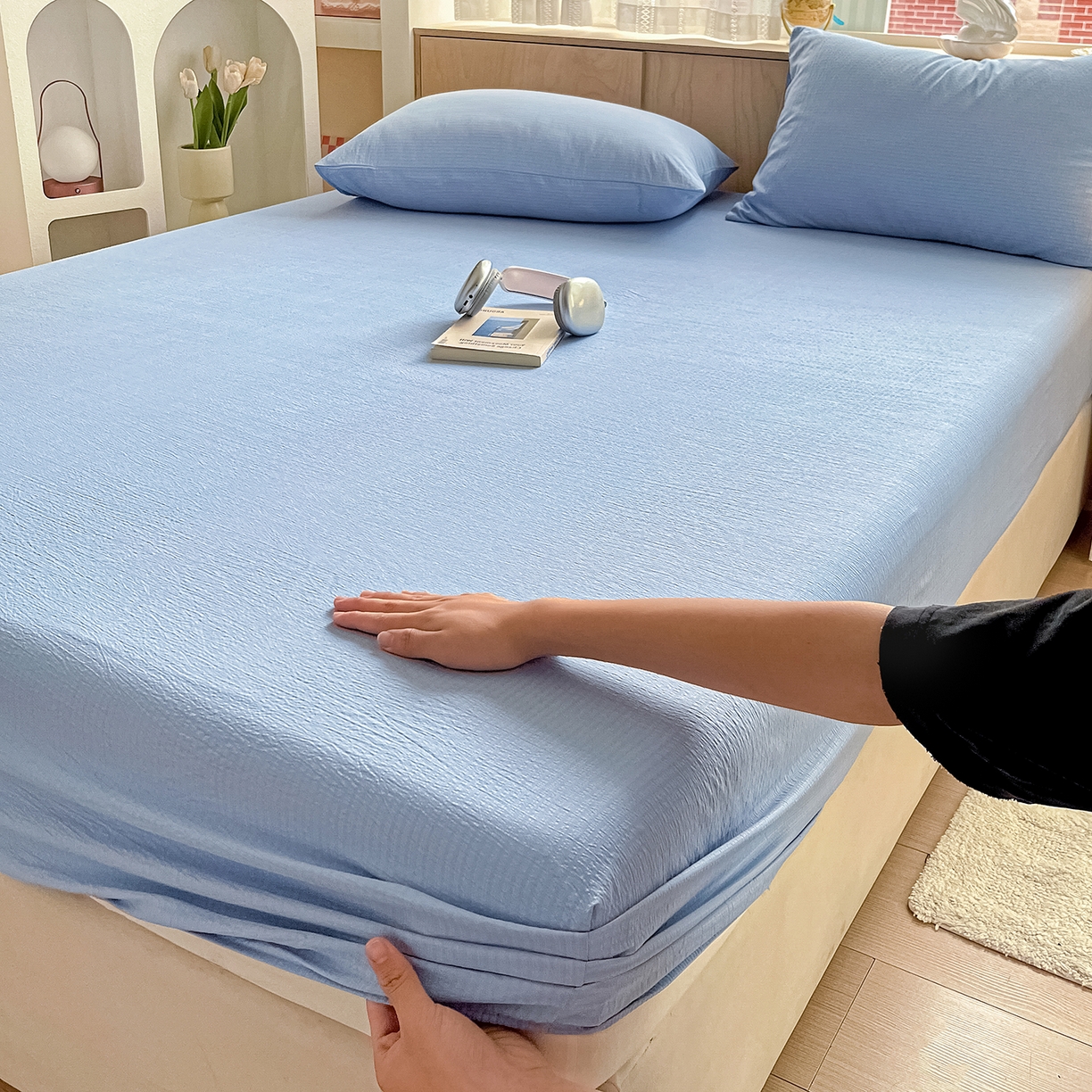 91家纺网 家纺一手货源 找家纺 卡迪熊家纺 2025新款超柔云感双层纱床笠 双层纱-天蓝