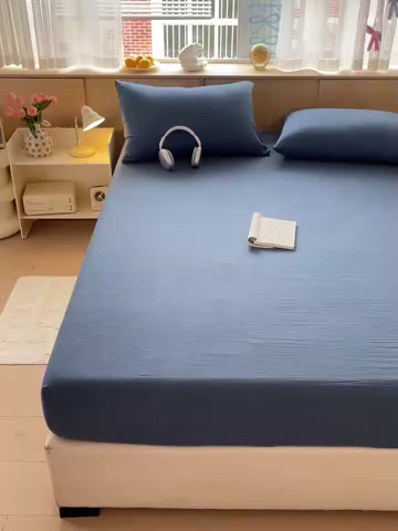 91家纺网 家纺一手货源 找家纺 卡迪熊家纺 2025新款超柔云感双层纱床笠 双层纱-深蓝