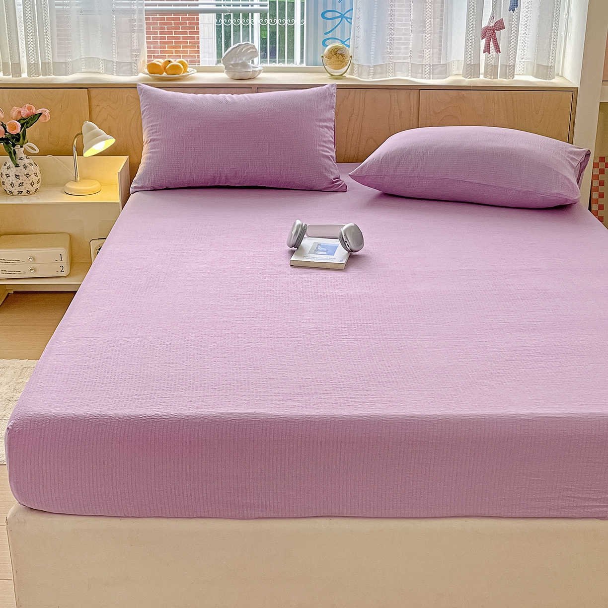 91家纺网 家纺一手货源 找家纺 卡迪熊家纺 2025新款超柔云感双层纱床笠 双层纱-紫色