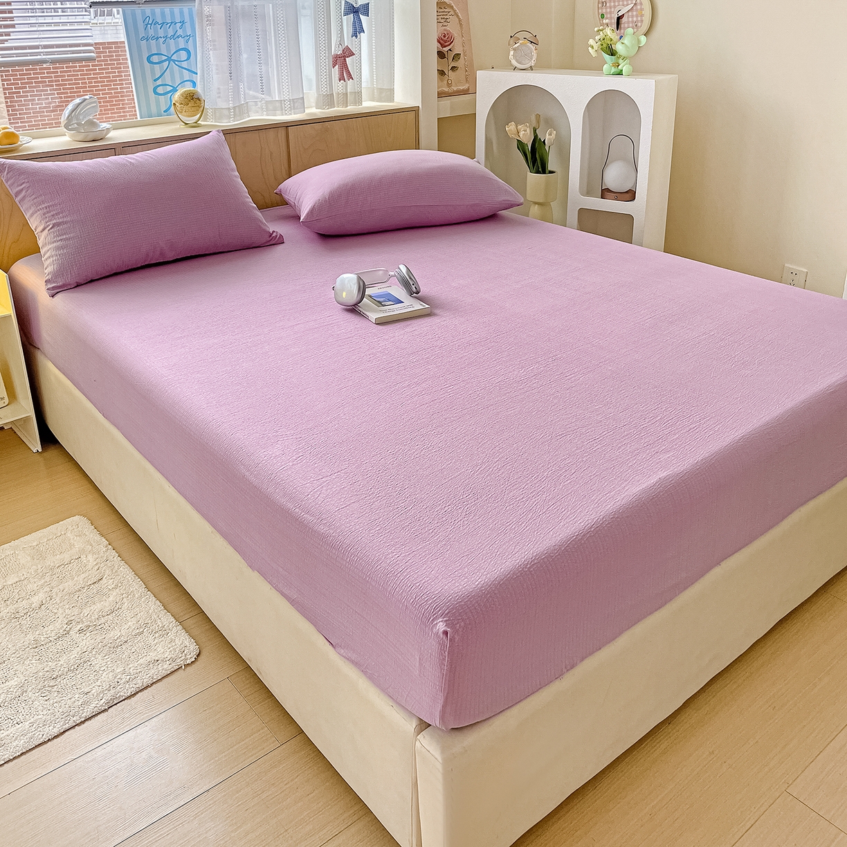 91家纺网 家纺一手货源 找家纺 卡迪熊家纺 2025新款超柔云感双层纱床笠 双层纱-紫色