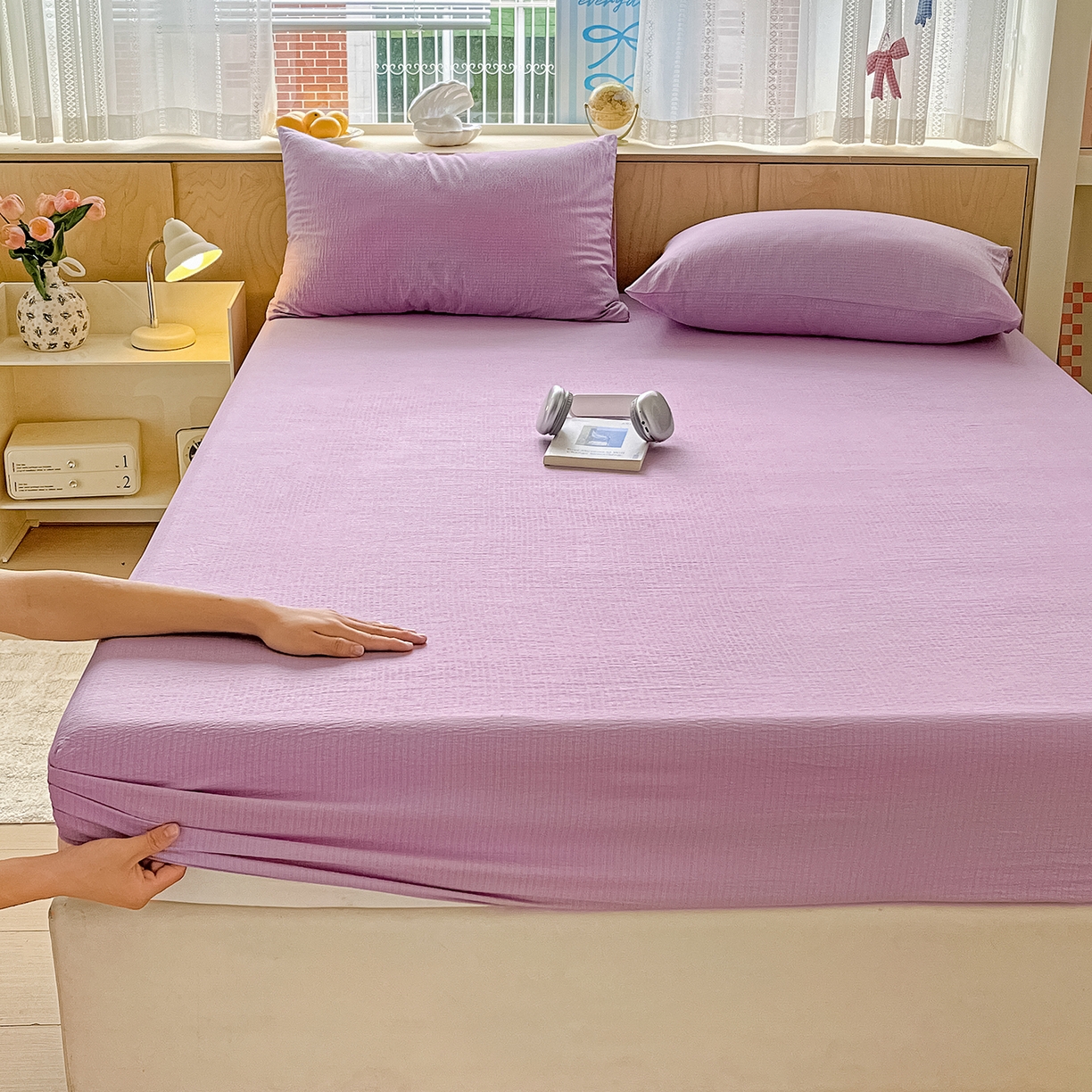 91家纺网 家纺一手货源 找家纺 卡迪熊家纺 2025新款超柔云感双层纱床笠 双层纱-紫色