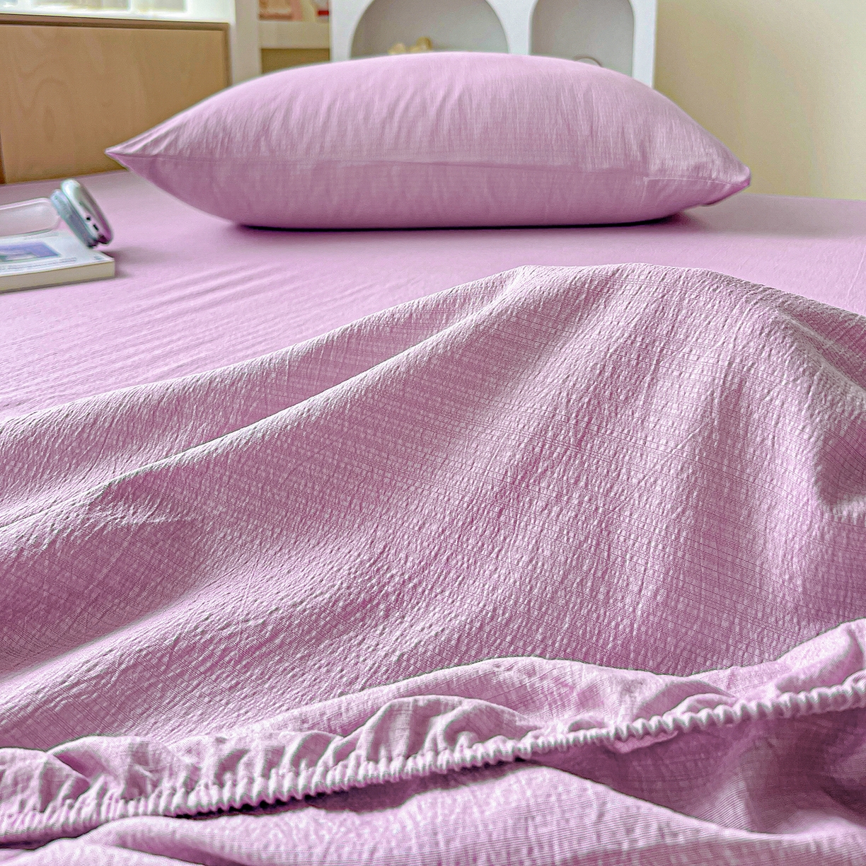 91家纺网 家纺一手货源 找家纺 卡迪熊家纺 2025新款超柔云感双层纱床笠 双层纱-紫色