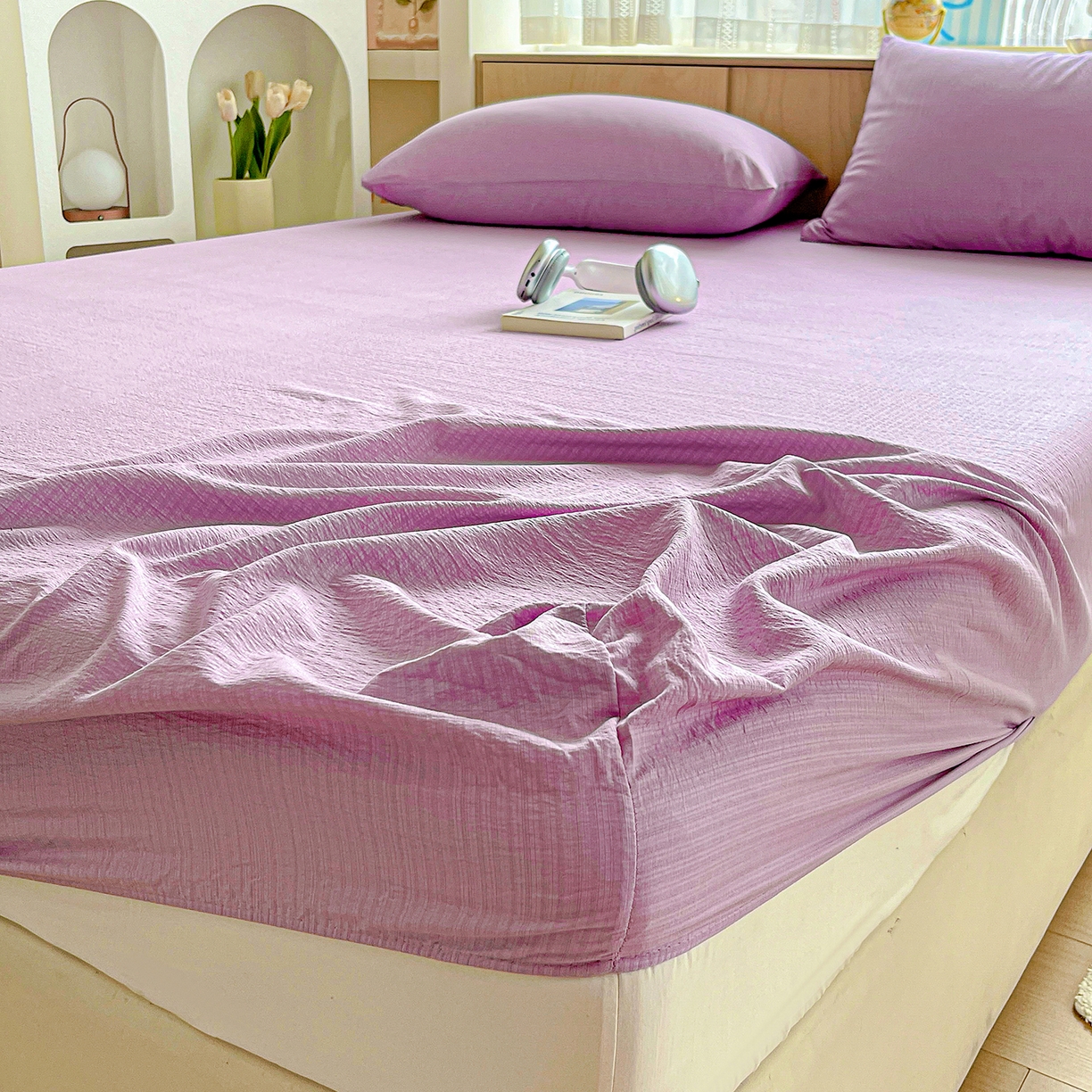 91家纺网 家纺一手货源 找家纺 卡迪熊家纺 2025新款超柔云感双层纱床笠 双层纱-紫色