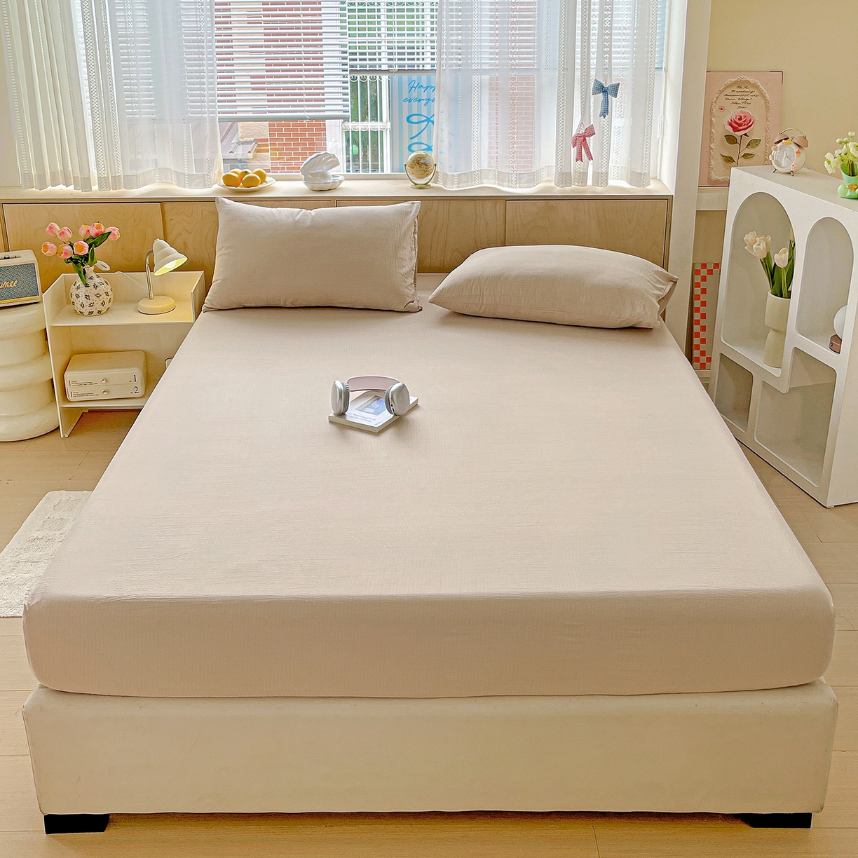 91家纺网 家纺一手货源 找家纺 彩韵家纺 2025新款超柔云感双层纱床笠 双层纱-杏色