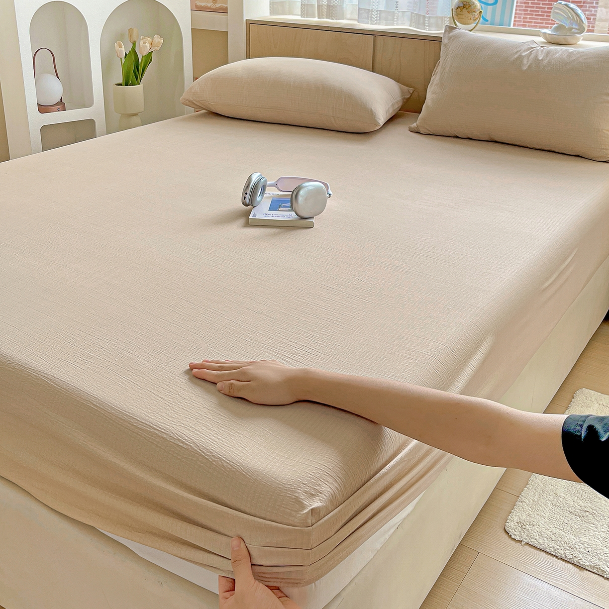 91家纺网 家纺一手货源 找家纺 彩韵家纺 2025新款超柔云感双层纱床笠 双层纱-杏色