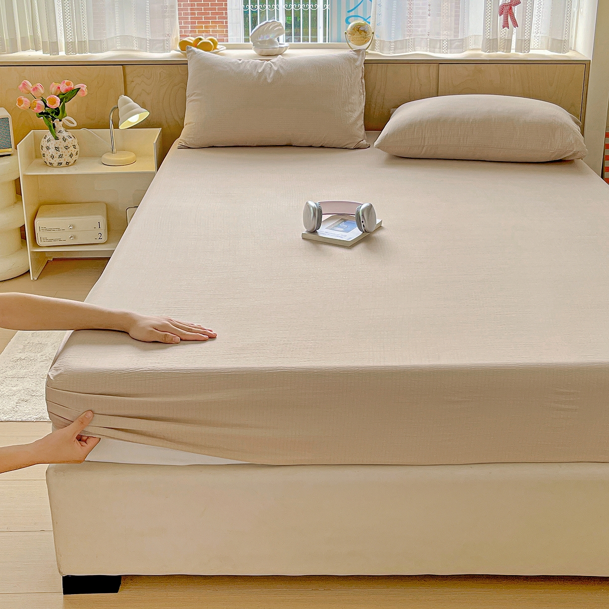 91家纺网 家纺一手货源 找家纺 彩韵家纺 2025新款超柔云感双层纱床笠 双层纱-杏色