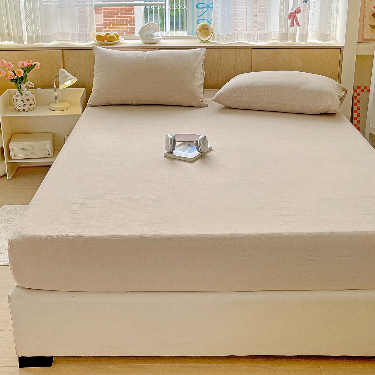 91家纺网 家纺一手货源 找家纺 彩韵家纺 2025新款超柔云感双层纱床笠 双层纱-杏色