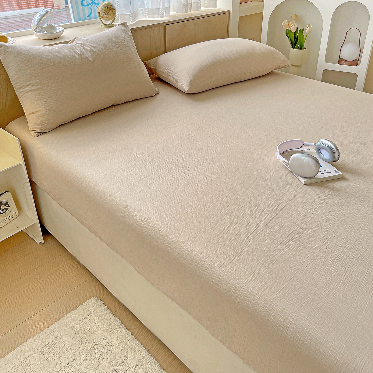 91家纺网 家纺一手货源 找家纺 彩韵家纺 2025新款超柔云感双层纱床笠 双层纱-杏色