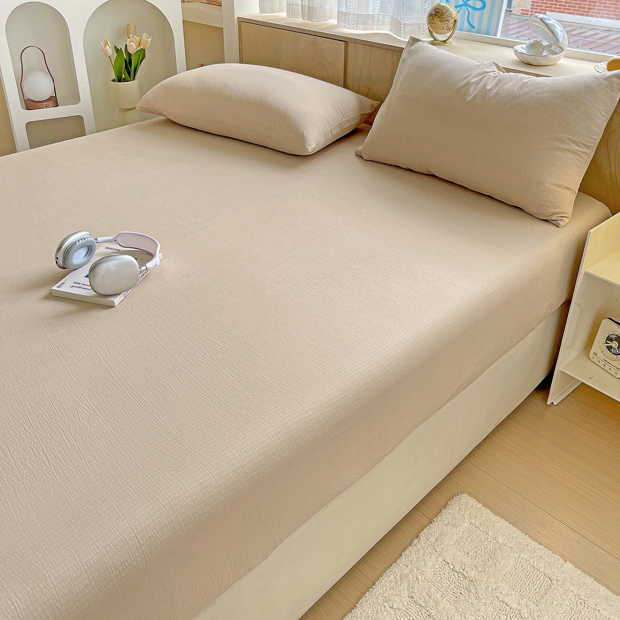 91家纺网 家纺一手货源 找家纺 彩韵家纺 2025新款超柔云感双层纱床笠 双层纱-杏色