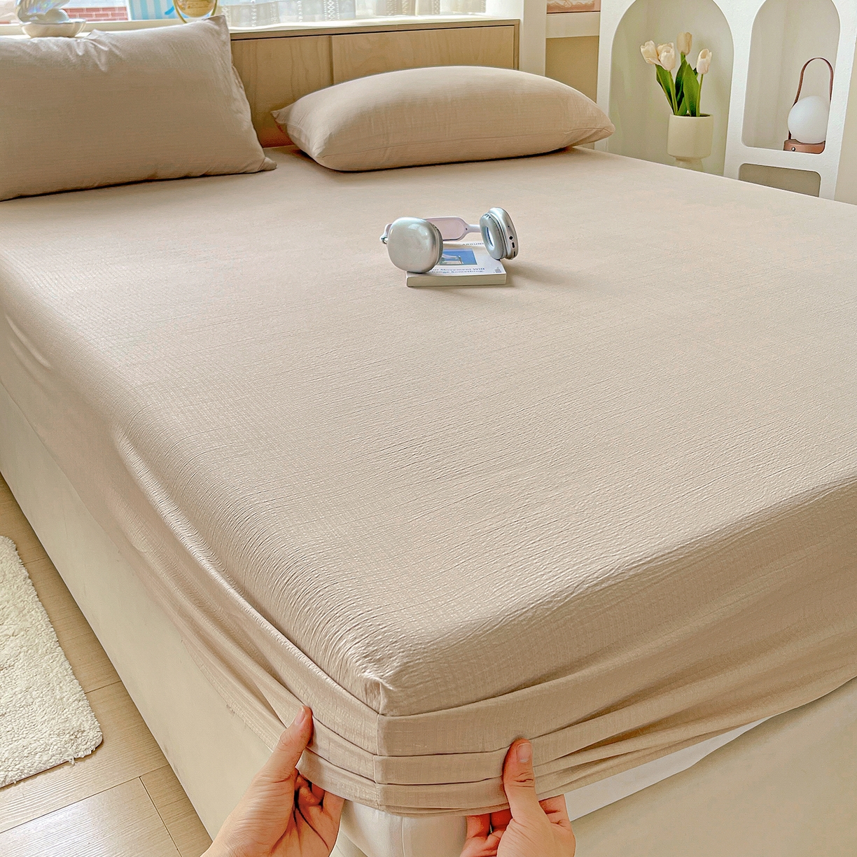 91家纺网 家纺一手货源 找家纺 彩韵家纺 2025新款超柔云感双层纱床笠 双层纱-杏色