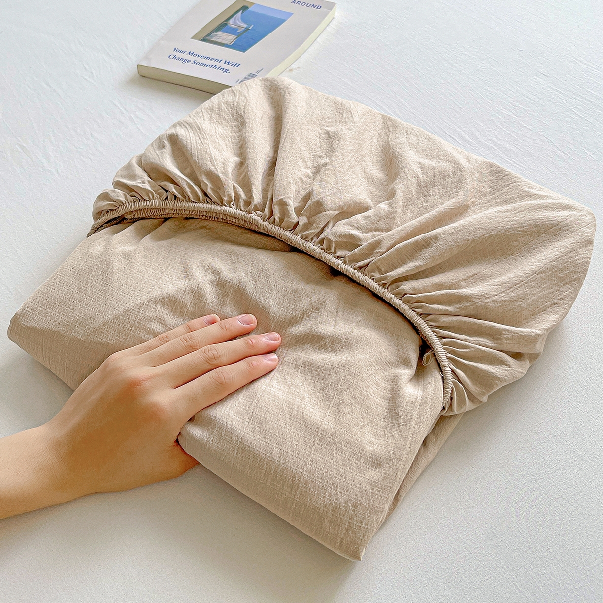 91家纺网 家纺一手货源 找家纺 彩韵家纺 2025新款超柔云感双层纱床笠 双层纱-杏色