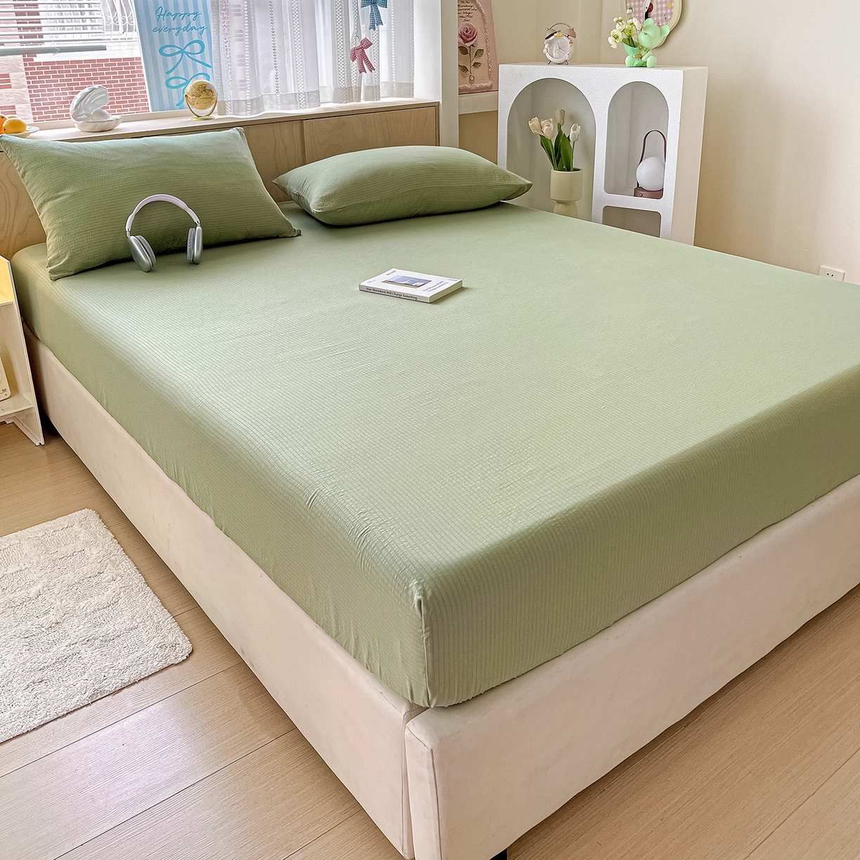 91家纺网 家纺一手货源 找家纺 彩韵家纺 2025新款超柔云感双层纱床笠 双层纱-翠绿