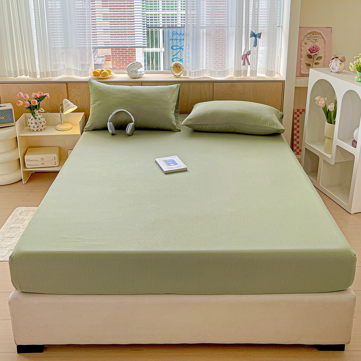 91家纺网 家纺一手货源 找家纺 彩韵家纺 2025新款超柔云感双层纱床笠 双层纱-翠绿