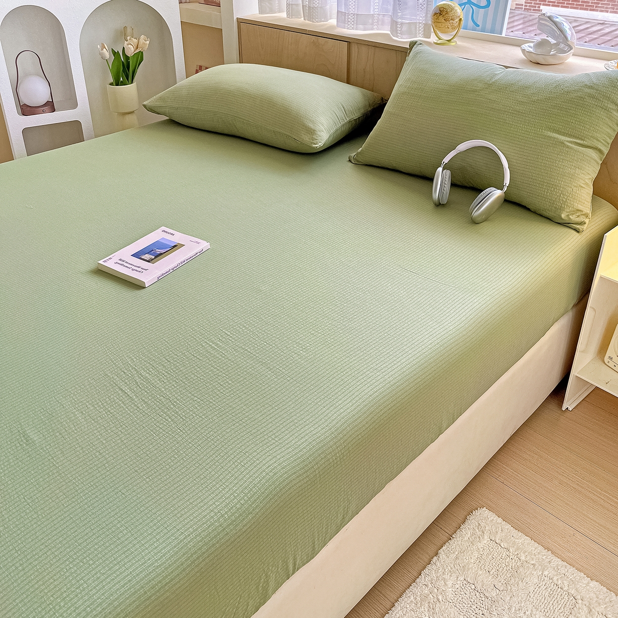 91家纺网 家纺一手货源 找家纺 彩韵家纺 2025新款超柔云感双层纱床笠 双层纱-翠绿