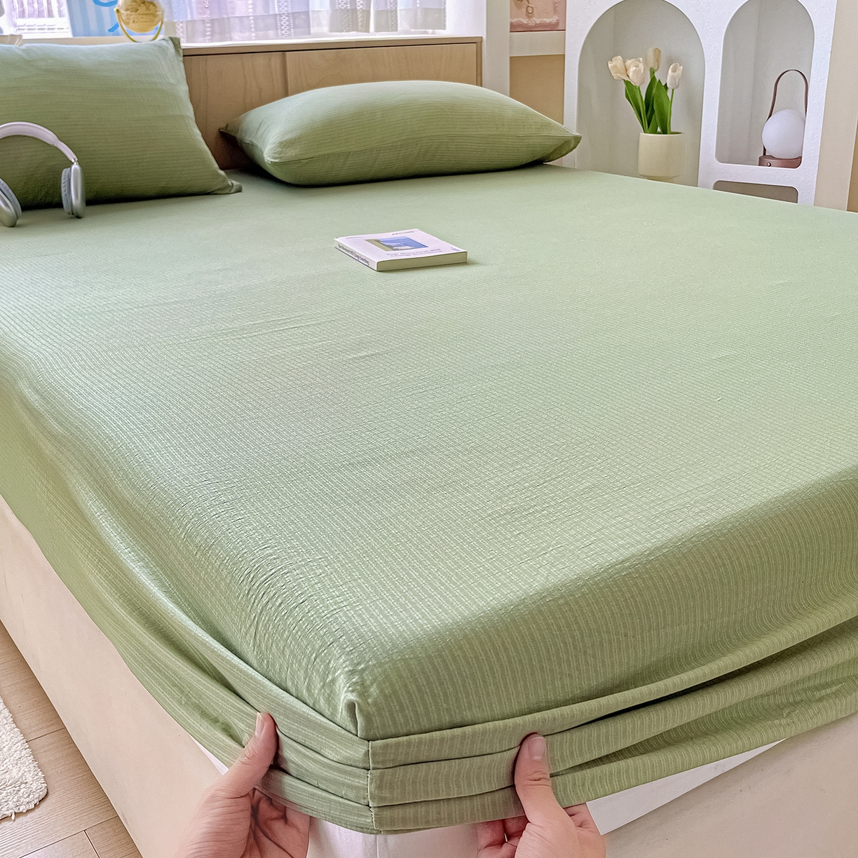 91家纺网 家纺一手货源 找家纺 彩韵家纺 2025新款超柔云感双层纱床笠 双层纱-翠绿