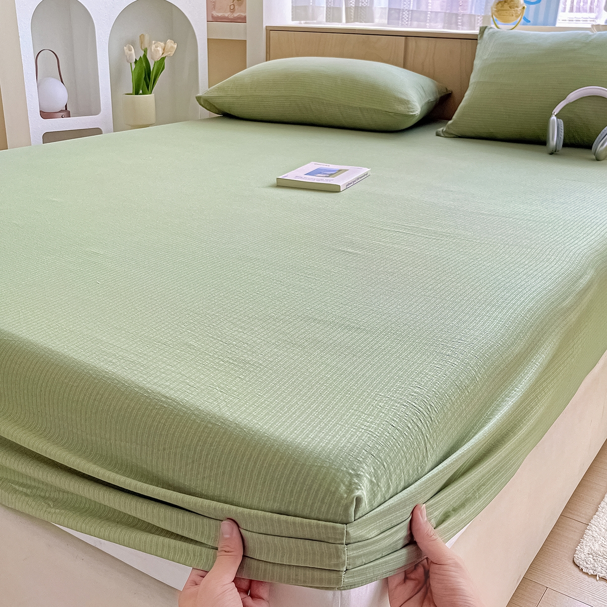 彩韵家纺 2025新款超柔云感双层纱床笠 双层纱-翠绿