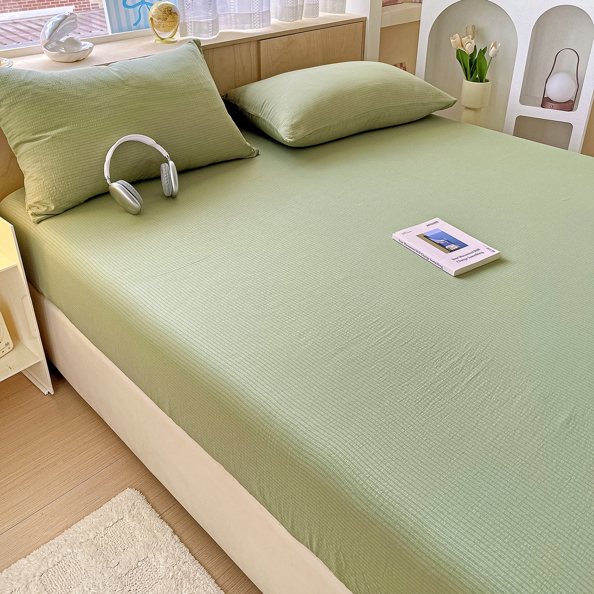 91家纺网 家纺一手货源 找家纺 彩韵家纺 2025新款超柔云感双层纱床笠 双层纱-翠绿