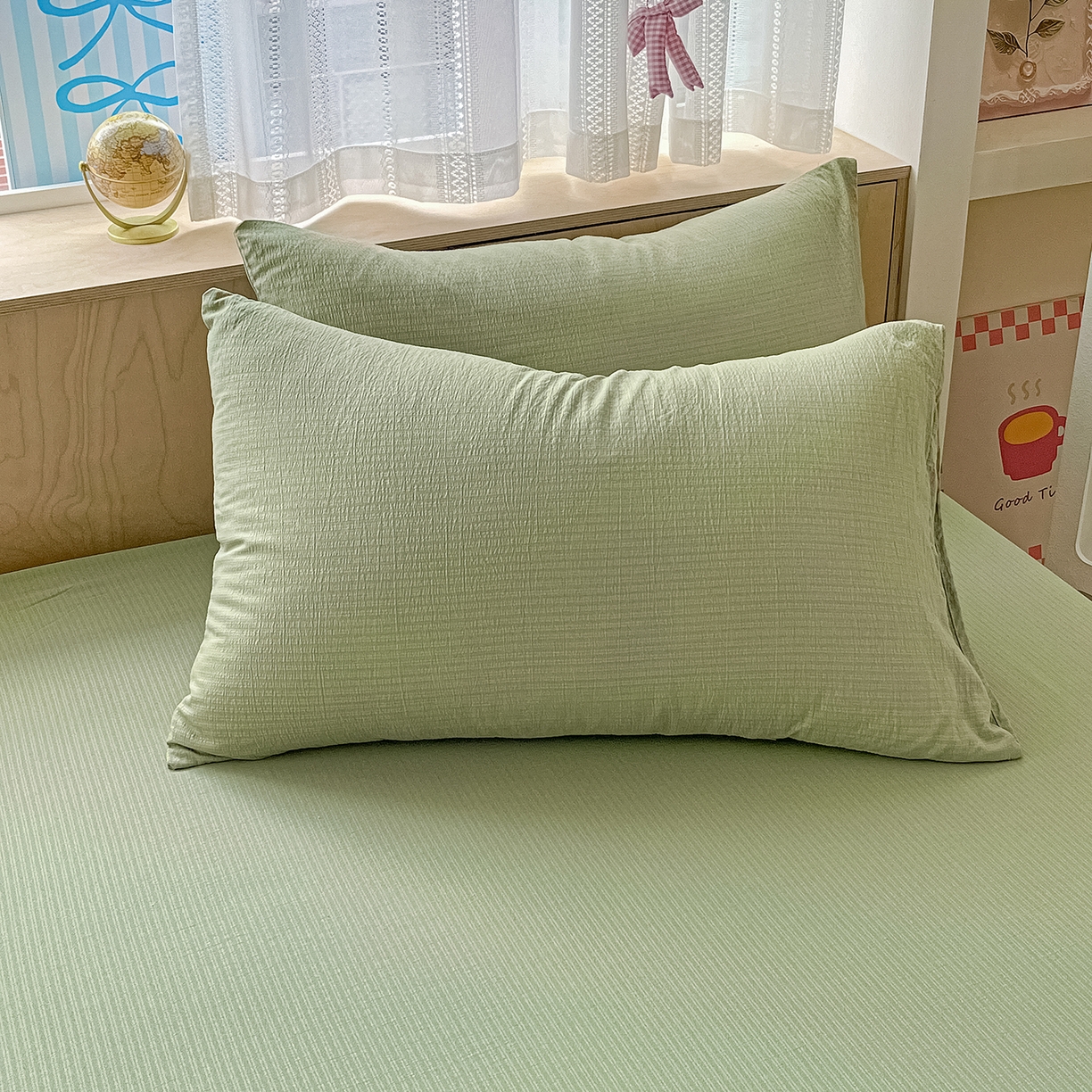 91家纺网 家纺一手货源 找家纺 彩韵家纺 2025新款超柔云感双层纱床笠 双层纱-翠绿