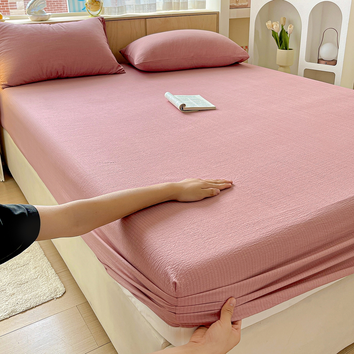 91家纺网 家纺一手货源 找家纺 彩韵家纺 2025新款超柔云感双层纱床笠 双层纱-豆沙