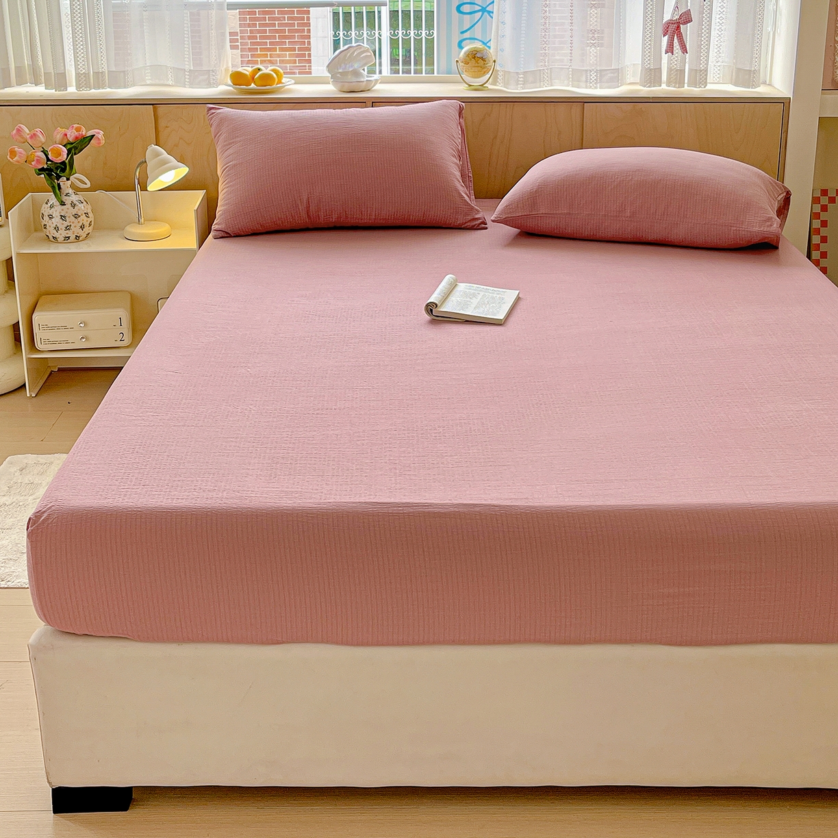 91家纺网 家纺一手货源 找家纺 彩韵家纺 2025新款超柔云感双层纱床笠 双层纱-豆沙