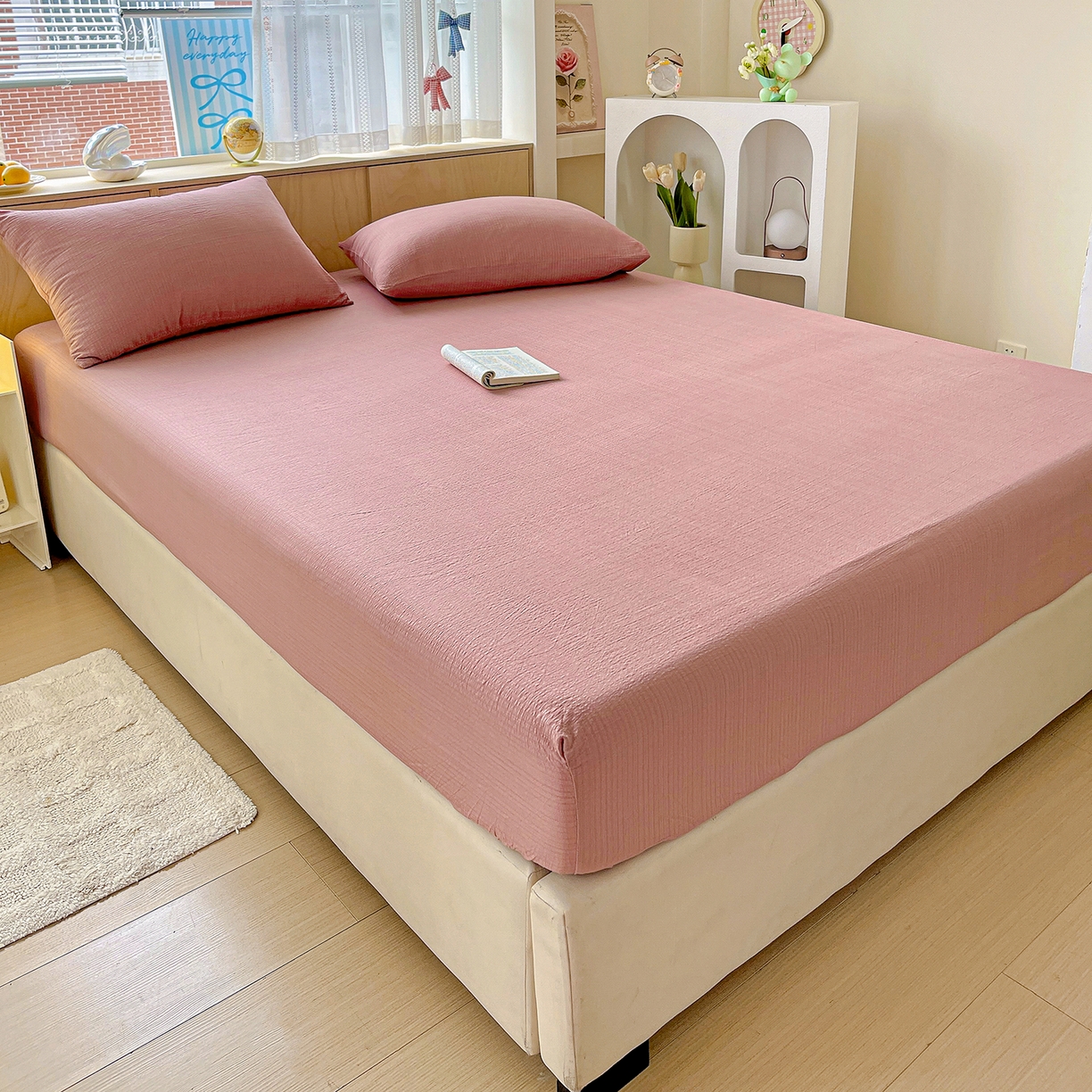 91家纺网 家纺一手货源 找家纺 彩韵家纺 2025新款超柔云感双层纱床笠 双层纱-豆沙